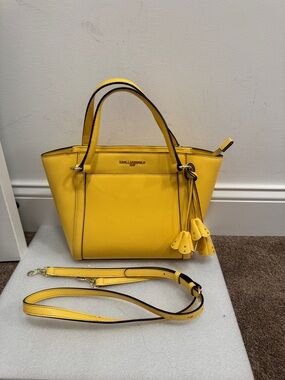 Karl Lagerfeld Paris Iris Tote yellow crossbody bag flower tassels